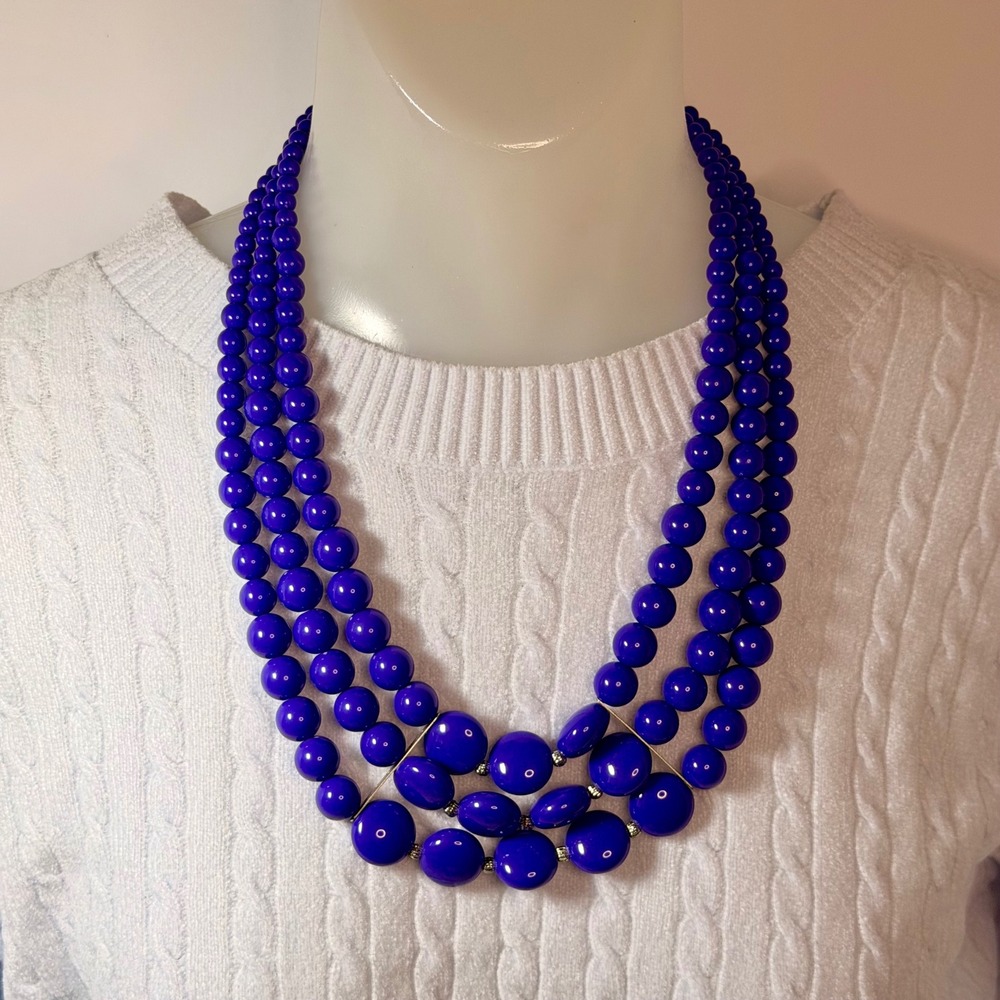 Charming Charlie Cobalt Blue Triple Strand Beaded Bib Necklace Silver Tone